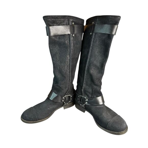 UGG Dree Black Leather Suede Harness Knee Boots Size 7 Round Toe Pull-On Moto - Picture 5 of 10